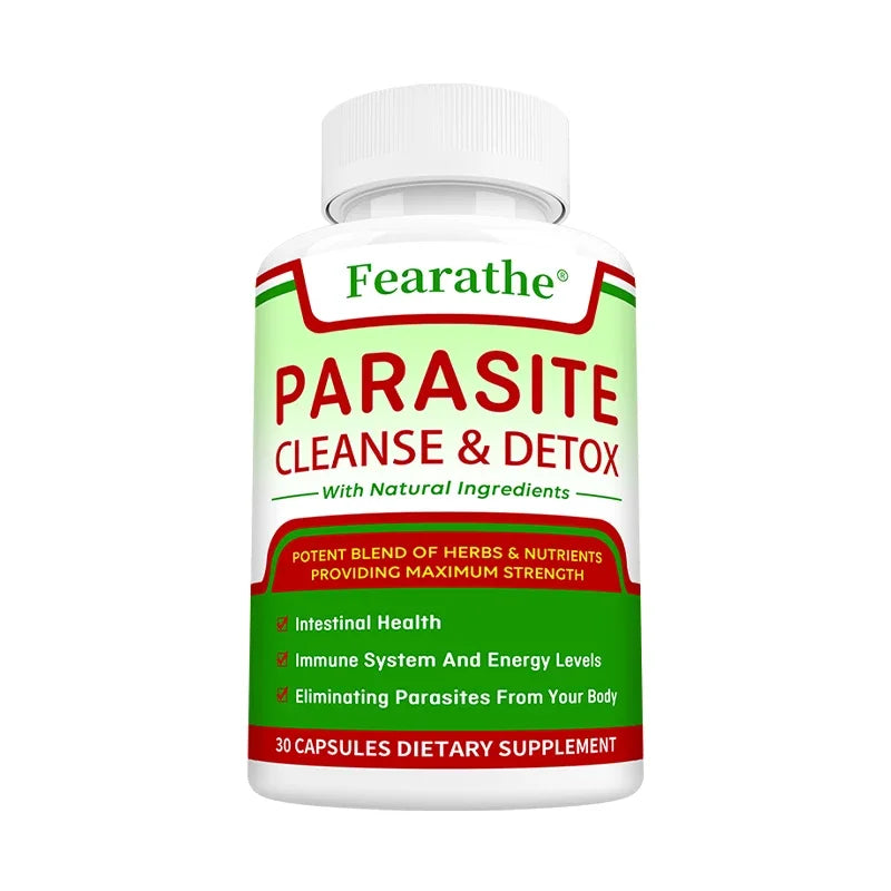 A white bottle labeled Parasite Cleanse - Bowel Cleansing Supplement with a red and green design contains 30 capsules to support digestive and immune health and natural parasite removal as a dietary supplement.