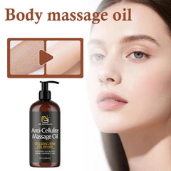 A bottle of M3 Naturals Anti-Cellulite Massage Oil 240ml (Collagen+Grapeseed) with pump is shown, alongside a woman's face and a before/after skin texture image. Text reads Body massage oil for reducing orange peel texture and deep nourishment.