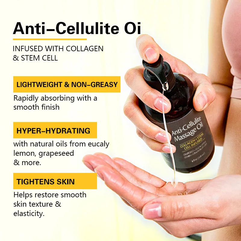 A person dispenses Skin Firming Body Massage Oil 240ml onto their hand, featuring natural aromatherapy for relaxing, soothing skin care. Text highlights: lightweight, moisturizing, hyper-hydrating, and skin tightening benefits.