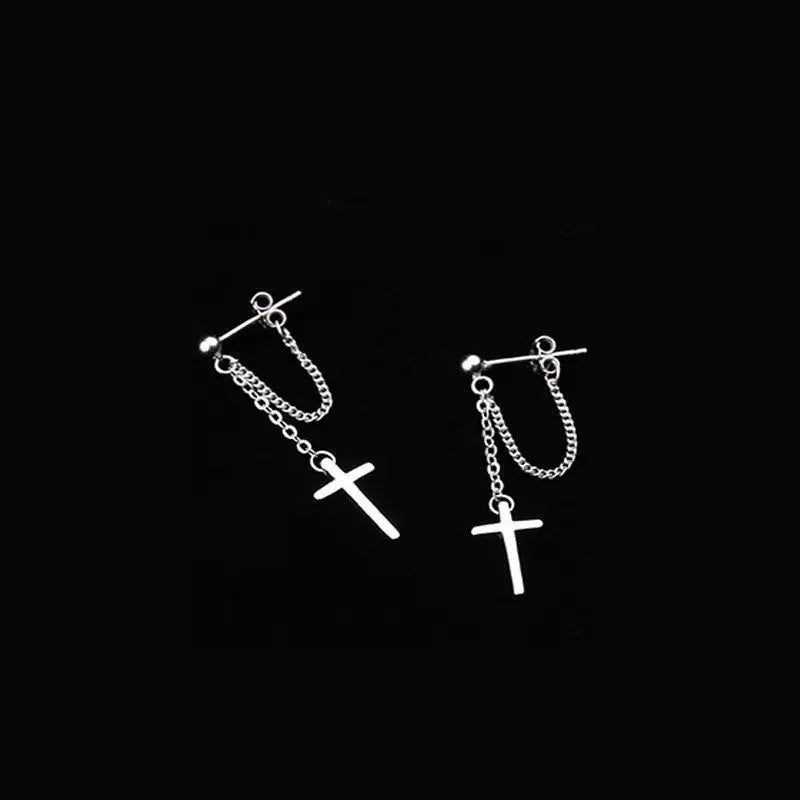 Silver Cross Dangle Drop Earrings