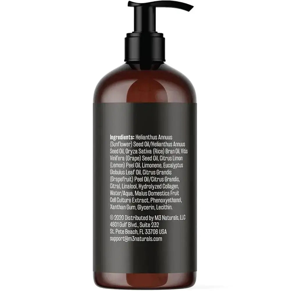 A 240ml brown plastic pump bottle with a black dispenser. The white back label lists ingredients like collagen, stem cell extracts, and oils, plus company details and mainland China address. Unisex massage oil promotes skin firmness and cell longevity.