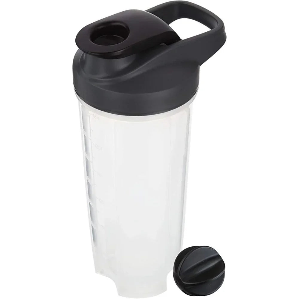 A 28 oz chemical-free clear Shaker Bottle for protein shakes with measurement markings, black flip-top lid, removable ball blender whisk, and handle; made in Mainland China.