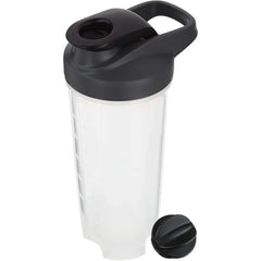 A 28 oz chemical-free clear Shaker Bottle for protein shakes with measurement markings, black flip-top lid, removable ball blender whisk, and handle; made in Mainland China.