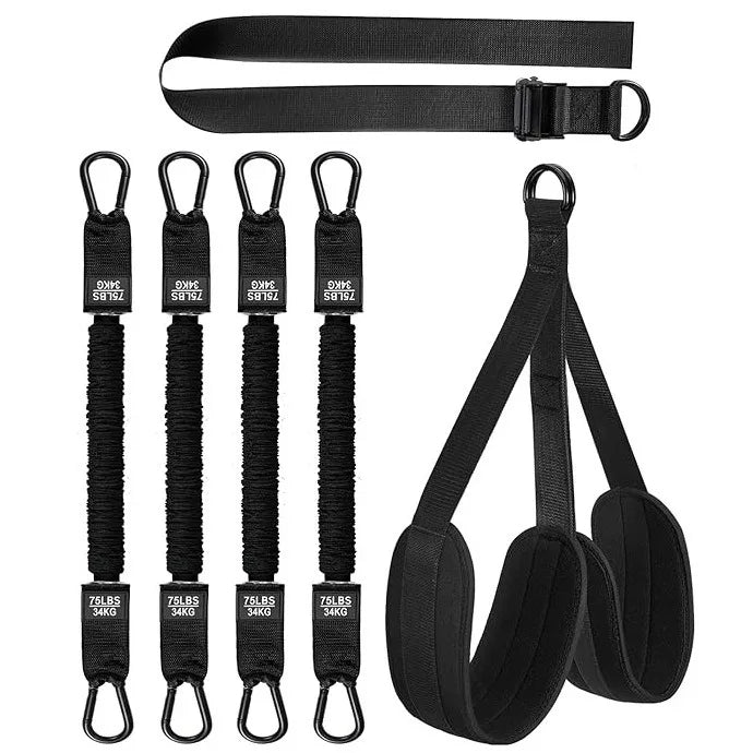 The Pull Up Assistance Bands Set includes padded cuffs, a pull rope waist strap, four 75LBS/34KG resistance bands, and an adjustable strap—ideal for men and women’s chin-up, hanging training, and body stretching, shown on a white background.
