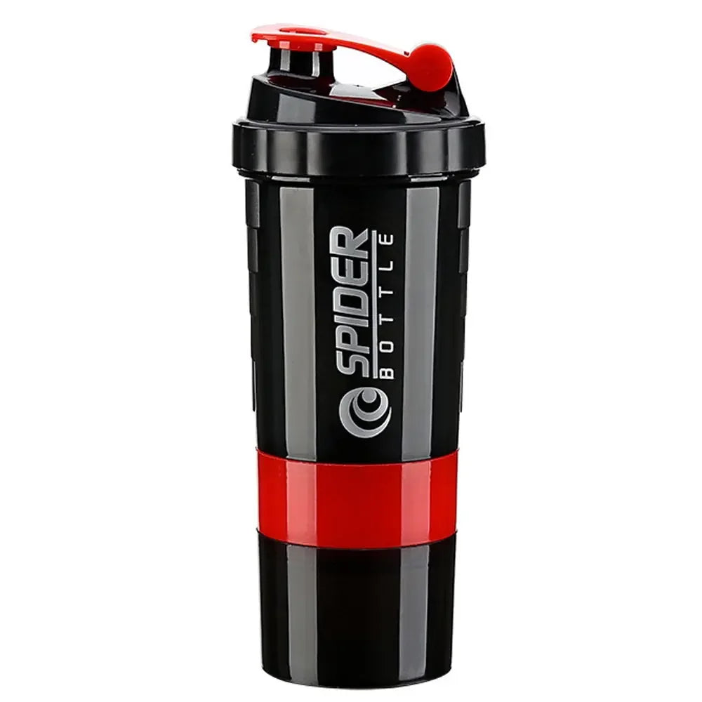 The 3 Layers Shaker Protein Bottle is a large capacity black and red shake cup with a flip-top lid, handle, and vertical Spider Bottle logo, ideal for on-the-go mixing during body building or exercise. Designed by FEB.WIND and popular in Mainland China.
