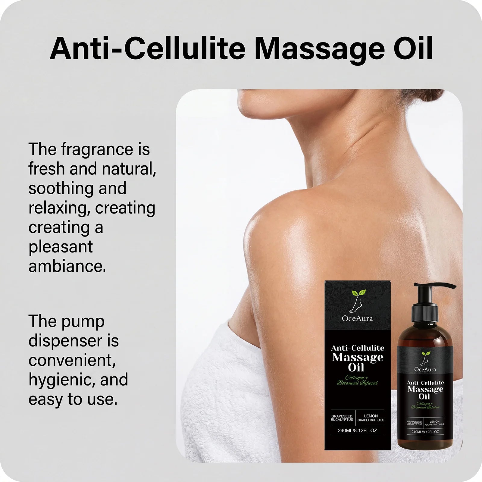 A woman with smooth skin is shown from the shoulders up. Beside her is Collagen Tightening Massage Oil, which features deep hydration, a fresh scent, and a convenient, hygienic pump dispenser for anti-cellulite and firming care.