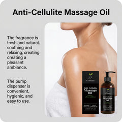 A woman with smooth skin is shown from the shoulders up. Beside her is Collagen Tightening Massage Oil, which features deep hydration, a fresh scent, and a convenient, hygienic pump dispenser for anti-cellulite and firming care.