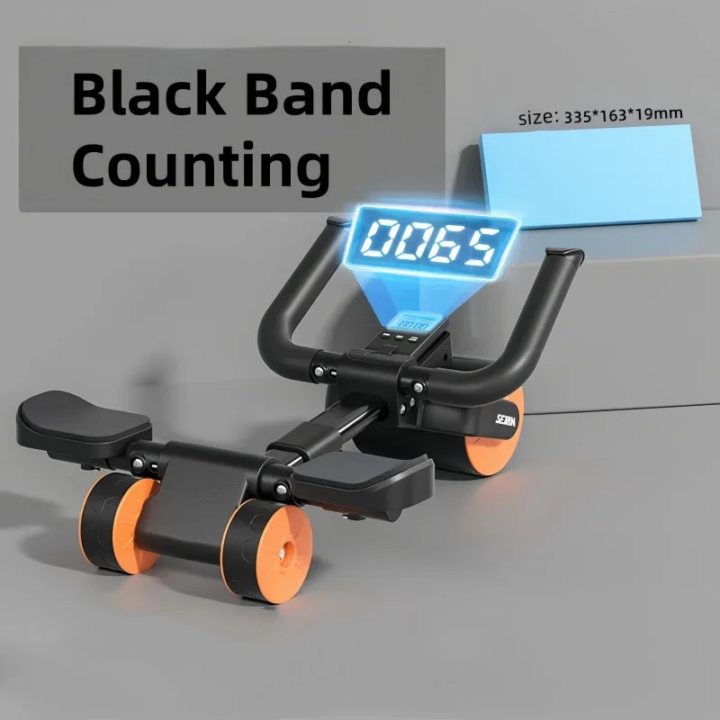 The Adjustable Abs Training Roller Multifunctional Home Plank Support Abdominal Fitness Wheel features orange and black wheels, black handlebars, a digital display showing 0085, measures 335*163*19mm, and comes with a blue pad in the background. Ideal for core workouts.