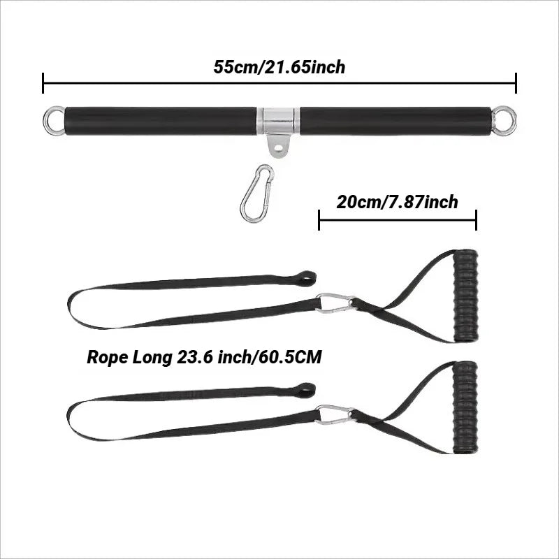 The Tricep Biceps Back Blaster features a 55cm black workout bar with silver rings, metal carabiner, and 60.5cm premium nylon extension straps with ribbed handles—ideal for chest, arm, and back strength training.