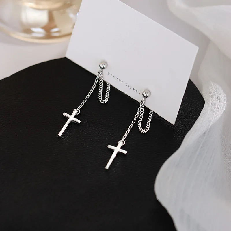 Silver Cross Dangle Drop Earrings