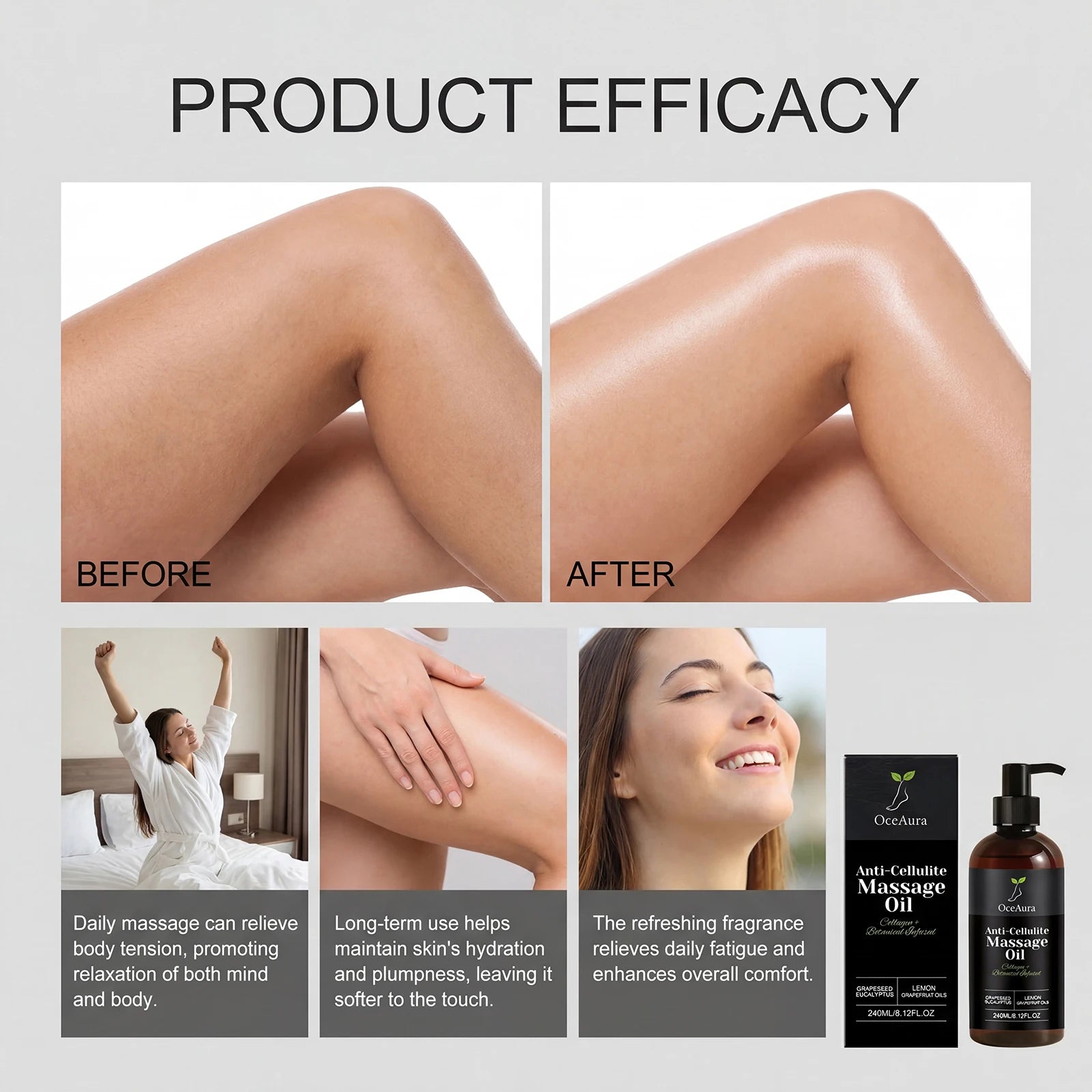 A before-and-after image shows smoother, hydrated legs after using Collagen Firming Massage Oil. See the benefits of this nourishing oil for dry skin, plus the product bottle and packaging below.