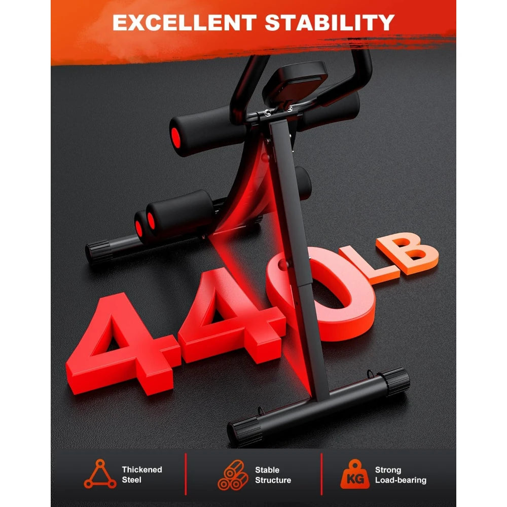 The Adjustable Ab Machine for Home Gym is featured with bold red "440 LB," showcasing its strong load-bearing capacity. Ideal for beginners, icons highlight thickened steel, stable structure, and high weight support for effective ab crunch workouts.