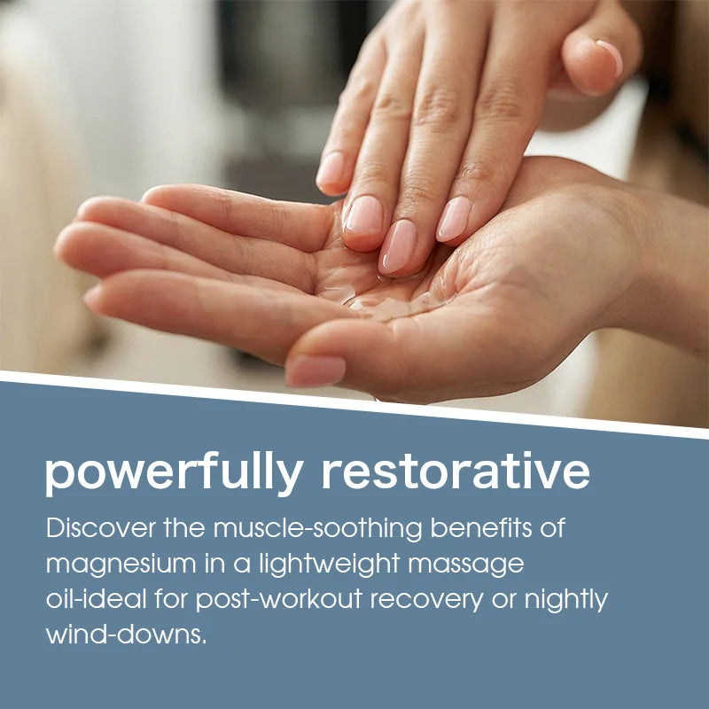 A close-up of hands applying 240ml Skin Firming Body Massage Oil, with text highlighting its skin-firming, soothing, and relaxing benefits for body massage and post-workout or nighttime care.