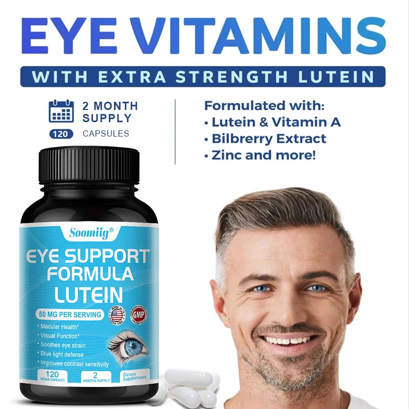 A bottle of Lutein Capsules sits by a smiling man. Text highlights vision support with zeaxanthin, benefits for eye edema, enhanced visual function, and retina protection—an eye health supplement with 120 capsules.