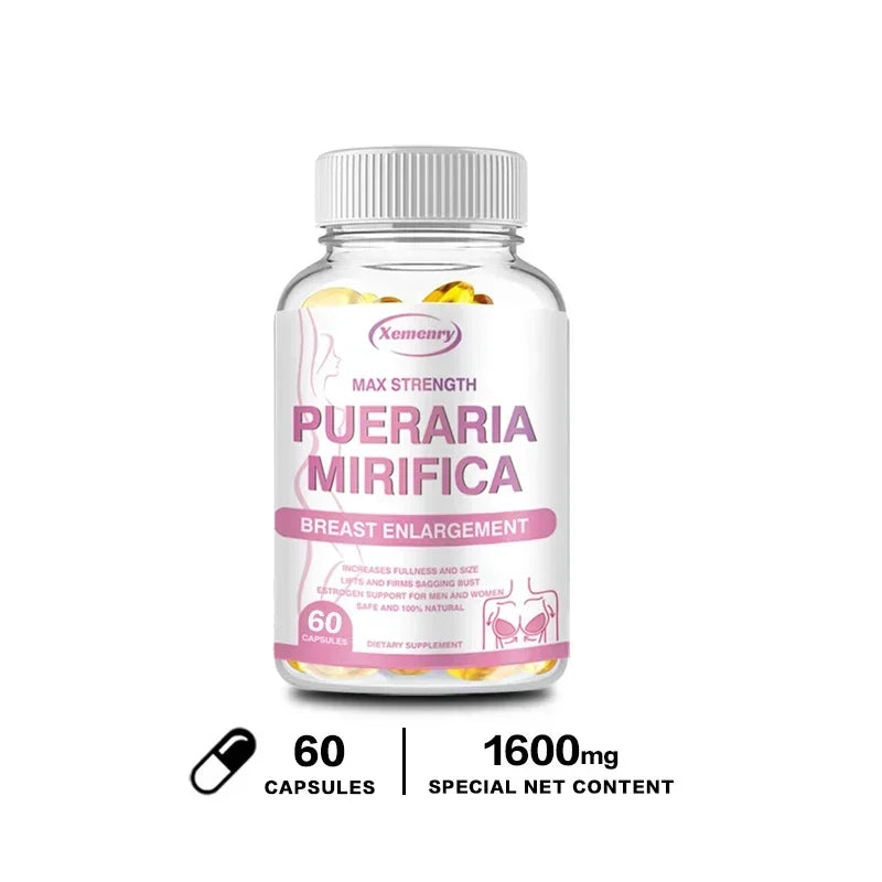 A bottle of PUERARIA MIRIFICA - Breast Supplement To Support Bigger, Rounder, Firmer Breasts offers 60 unisex capsules per bottle with 1600mg net content, in striking pink and white packaging.