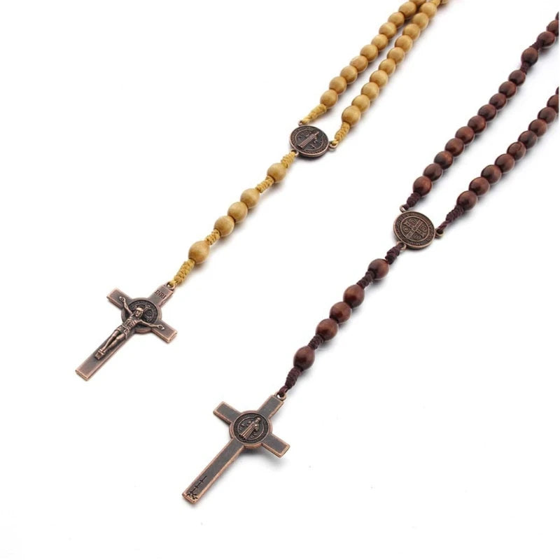 Wooden Rosary Cross Prayer Necklace