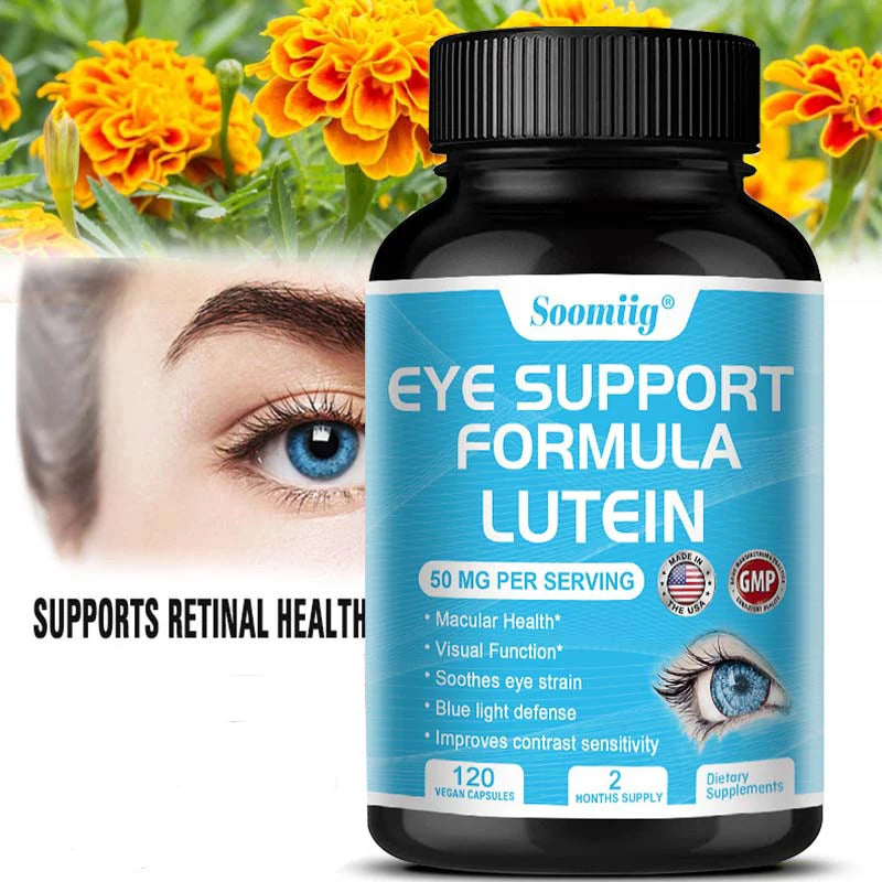 A bottle of Lutein Capsules—contain Zeaxanthin, maintain healthy vision, improve eye edema, promote visual function, and protect the retina—is shown with a blue label against a backdrop of a blue eye and marigold flowers.