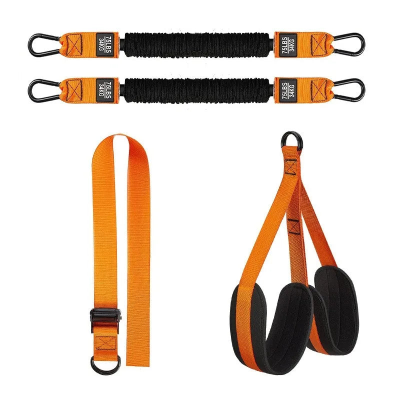 The Pull Up Assistance Bands Set includes two black-and-orange pull ropes with clips, one orange waist support strap with a buckle, and a pair of padded orange straps for leg or arm use, shown on a white background.