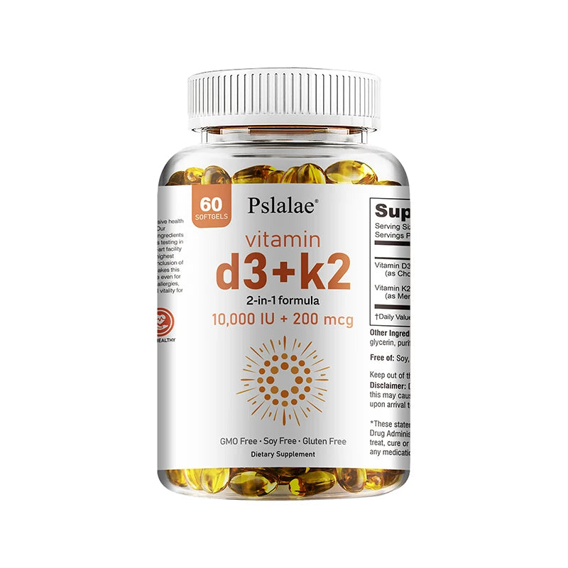 A clear bottle of Vitamin D3 10000 IU with K2 200 mcg (2-in-1), containing 60 golden softgels, offers GMO free, soy free, gluten free benefits and supports immune, heart, joint, teeth & bone health as a dietary supplement.