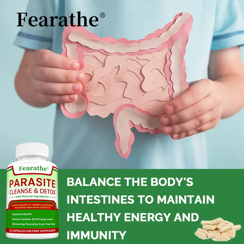 A person holds a paper cutout of human intestines, with a Parasite Cleanse - Bowel Cleansing Supplement bottle and black walnut capsules in the foreground, highlighting gut balance for energy and immune health.