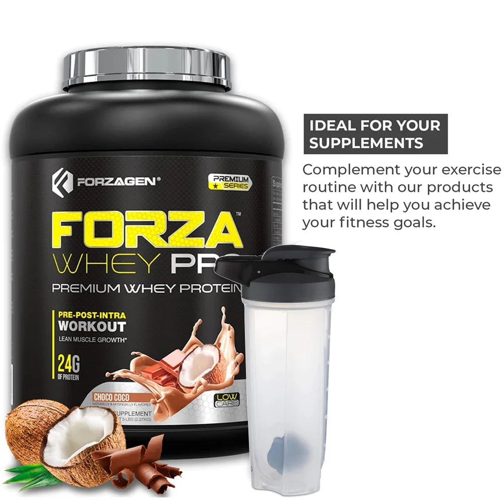 A 28 oz Shaker Bottle for Protein Shakes with a blender ball and handle sits next to a protein powder container. Text reads: “Our shaker cups are perfect for mixing supplements and supporting your fitness journey on the go.”.