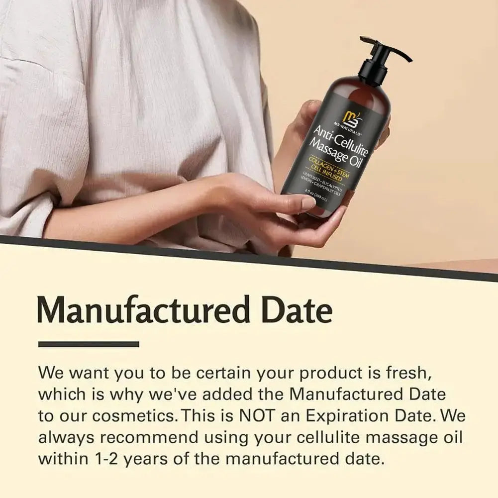 Someone holds a 240ml Collagen & Stem Cell Anti-Cellulite Massage Oil that improves skin firmness. The text notes to check the manufacture date—especially for products from mainland China—and use within 1-2 years.