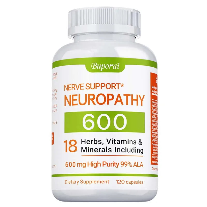 A white bottle labeled Neuropathy Support Supplement 600mg contains 120 capsules with 18 herbs, vitamins, and minerals, including high purity Alpha Lipoic Acid (ALA), to support the nervous system and boost energy.