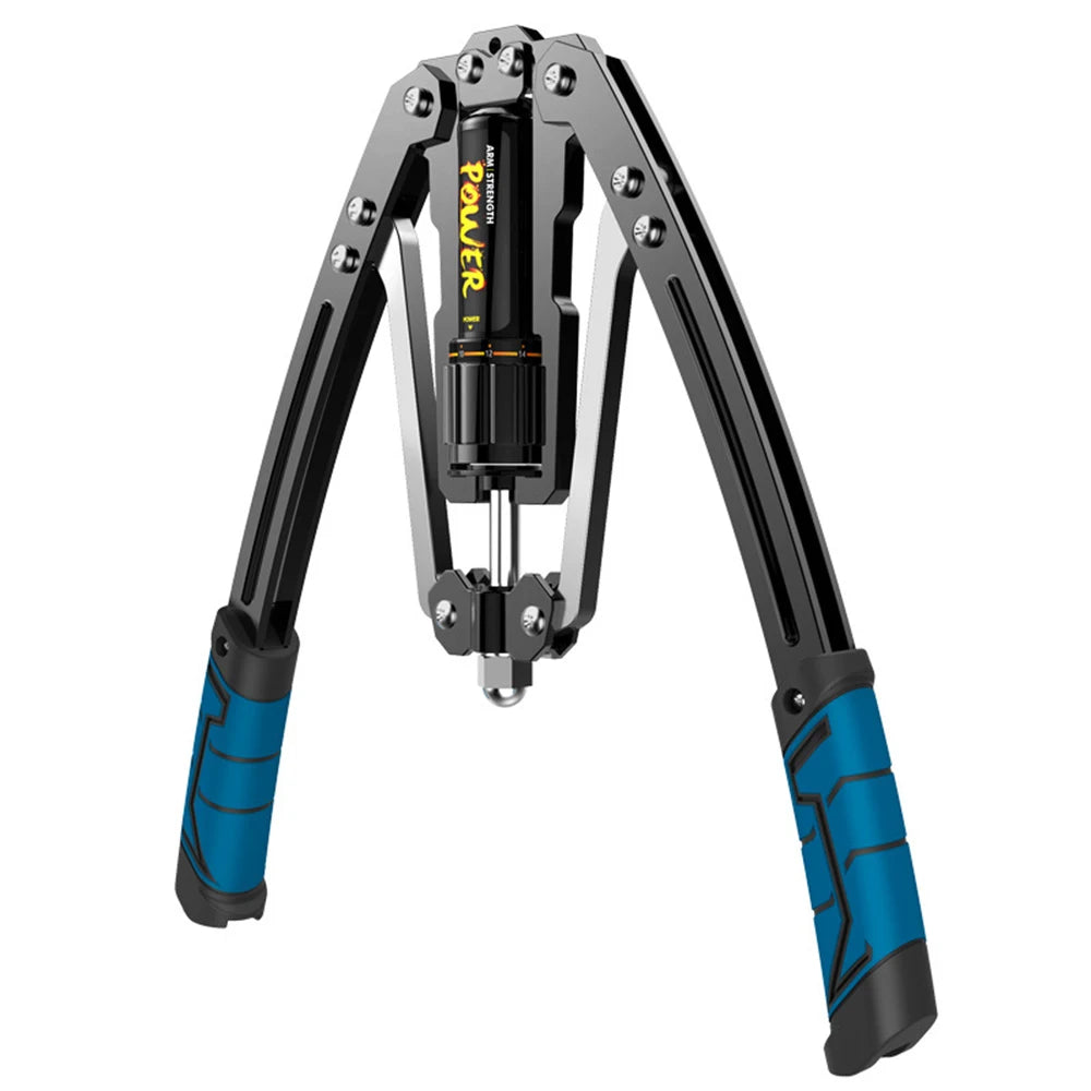 The Adjustable Hydraulic Power Twister is a black and silver forearm exerciser with two blue-gripped arms, designed for arm, biceps, abdomen, and muscle strength training.