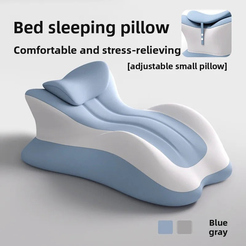 The Memory Foam Bed Wedge Pillow comes in blue and gray with an adjustable head pillow. Its ergonomic design aids comfort, stress relief, and relaxation, ideal for snoring, acid reflux, neck/back/leg pain. No batteries needed; made in China.