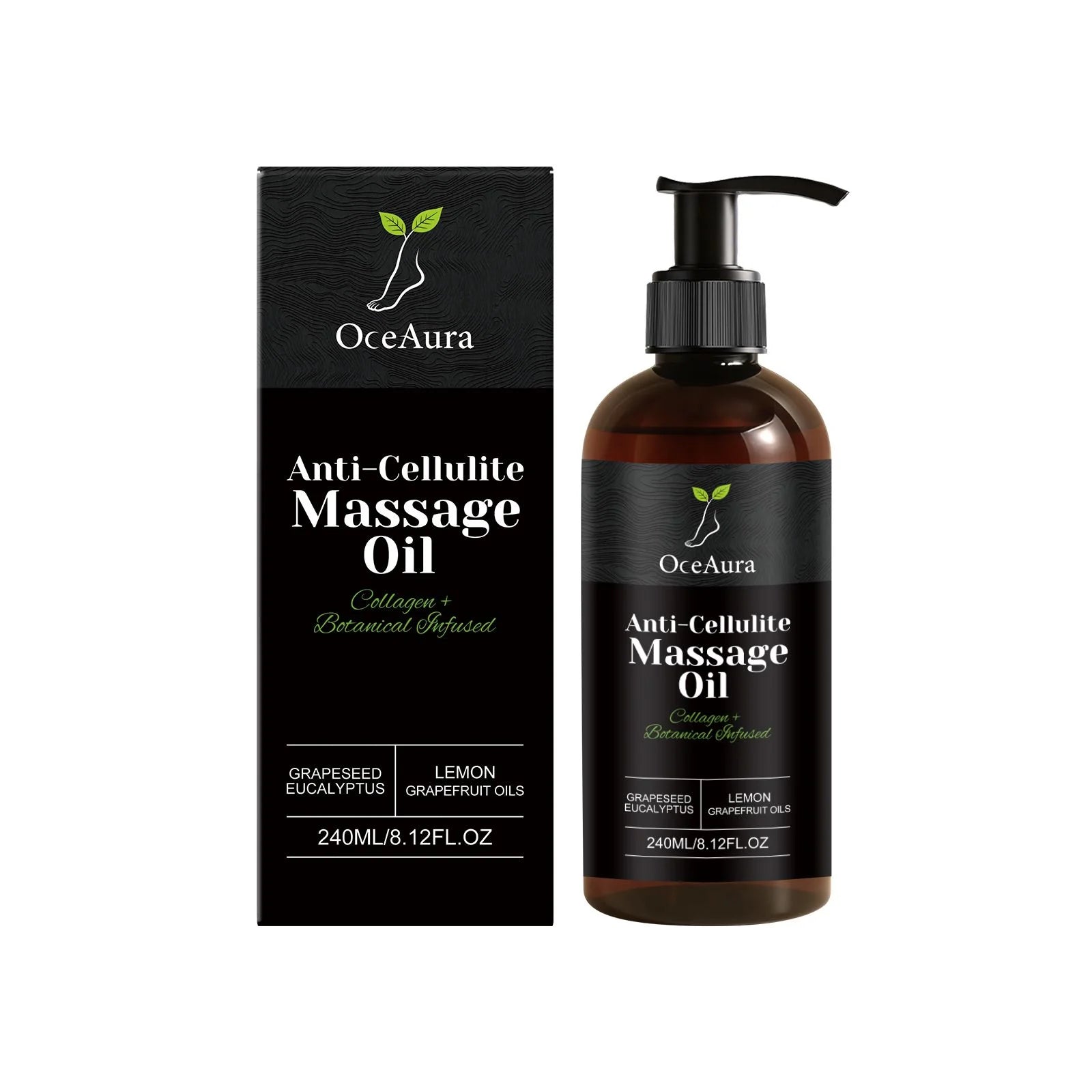 A bottle and box of Collagen Anti-Cellulite Massage Oil with a black pump, featuring collagen, botanical infusion, grapeseed, eucalyptus, lemon & grapefruit oils—ideal for abdomen/thigh firming and nourishing skin. 240mL/8.12FL OZ.