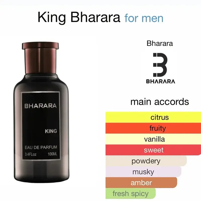 A bottle of Bharara King Men's Eau de Parfum 3.4oz (100ml) sits by the Bharara logo with main scent accords: citrus, fruity, vanilla, sweet, powdery, musky, amber & fresh spicy—a long-lasting daily fragrance that's formaldehyde-free.