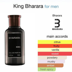 A bottle of Bharara King Men's Eau de Parfum 3.4oz (100ml) sits by the Bharara logo with main scent accords: citrus, fruity, vanilla, sweet, powdery, musky, amber & fresh spicy—a long-lasting daily fragrance that's formaldehyde-free.