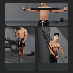 Three images show a shirtless man using the Pedal Tension Rope Abdominal Strength Elastic Rope for fitness: stretching arms, doing bicep curls, and chest presses. Home gym equipment appears in the background.