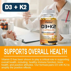 A bottle of Vegan Vitamin D3 K2 Capsules with Organic Coconut Oil sits on a desk, doctors in white coats behind. Text highlights the gluten & soy free daily supplement's immune and bone health benefits for all adults.