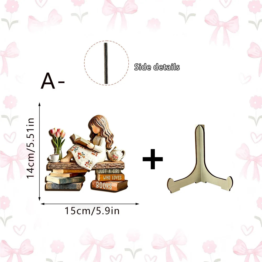 Reading Girl Wooden Bookshelf Decor