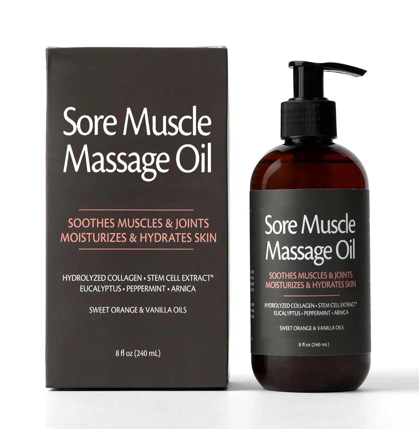 A 240ml bottle and box of Skin Firming Body Massage Oil with text highlighting collagen-boosting, moisturizing benefits for soothing muscles and joints, plus eucalyptus, peppermint, arnica, sweet orange, and vanilla oils.