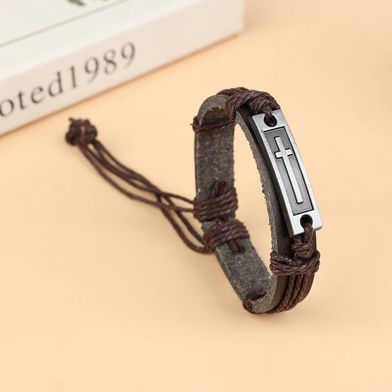 Vintage Cross Leather Rope Bracelet