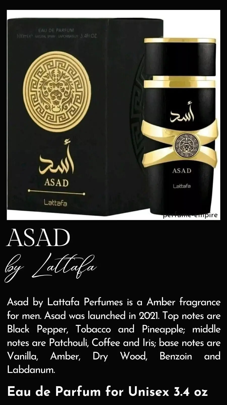 Lattafa Asad Eau de Parfum para hombre y mujer | Fragancia árabe de larga duración | 100 ml | Disponible en EE. UU. ¡El mejor regalo!