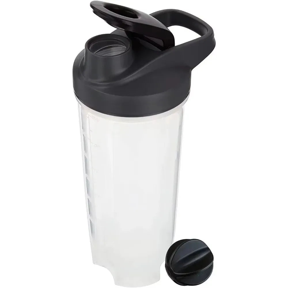 The 3 Layers Shaker Protein Bottle is a large-capacity mixing cup from FEB.WIND, designed in Mainland China, with a black flip-top lid and screw-on cap—ideal for protein shakes. The YUP1 bottle is pictured with its cap removed and set beside it.