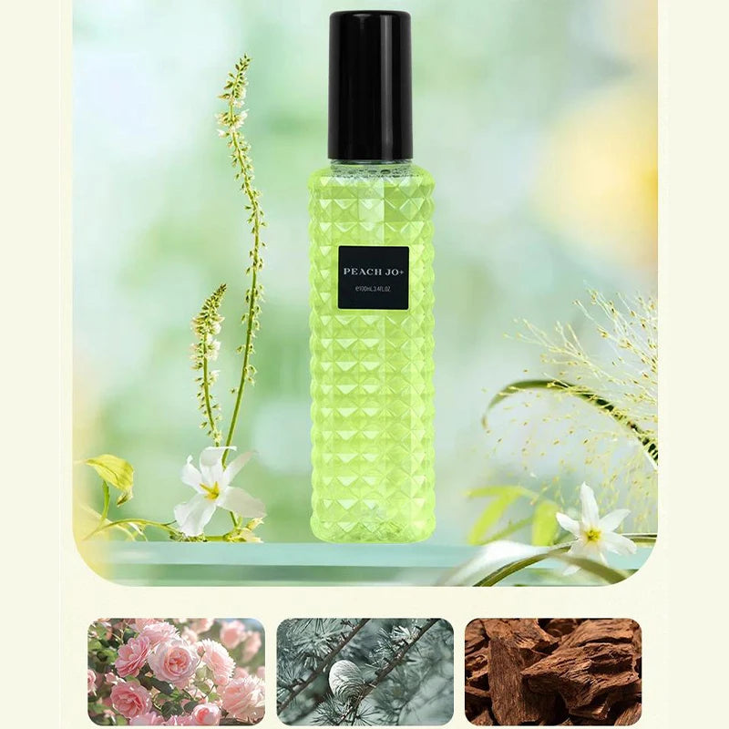 The Rivet Series Fresh Perfume features a green textured bottle with a black cap, displayed amid white and yellow flowers and images of rose, pine, and wood—suggesting its woody fruity floral scent with bergamot. Alcohol-free and long-lasting for ladies.