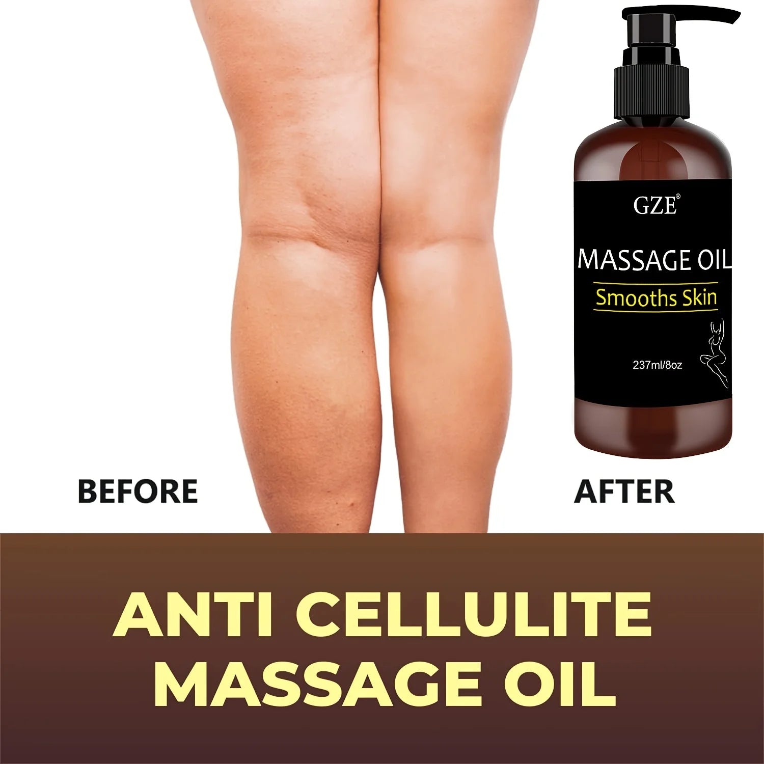 A comparison shows legs before and after using GZE Body Smooths Skin Massage Oil Infused with Collagen and Stem Cell—the before leg has cellulite, the after looks smoother. A bottle appears on the right, labeled: ANTI CELLULITE MASSAGE OIL.