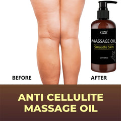 A comparison shows legs before and after using GZE Body Smooths Skin Massage Oil Infused with Collagen and Stem Cell—the before leg has cellulite, the after looks smoother. A bottle appears on the right, labeled: ANTI CELLULITE MASSAGE OIL.