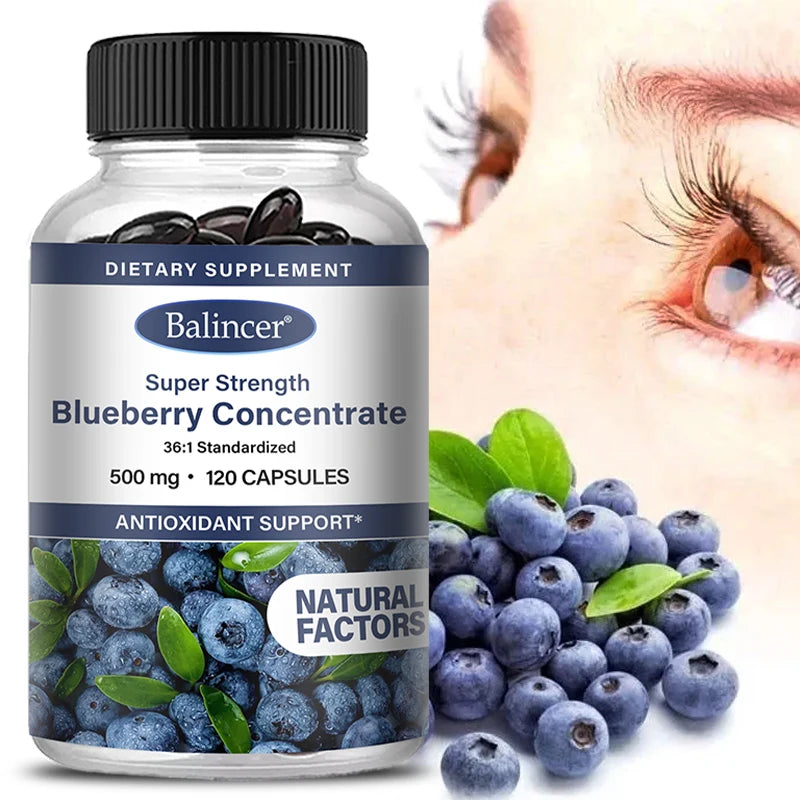 A bottle of Blueberry Capsules - 500 Mg, Good for The Brain, Heart Health, Eye Care, Antioxidant, Promotes Smooth Skin—120 Capsules is shown beside fresh blueberries and leaves, with a close-up of a woman's eye and long eyelashes.