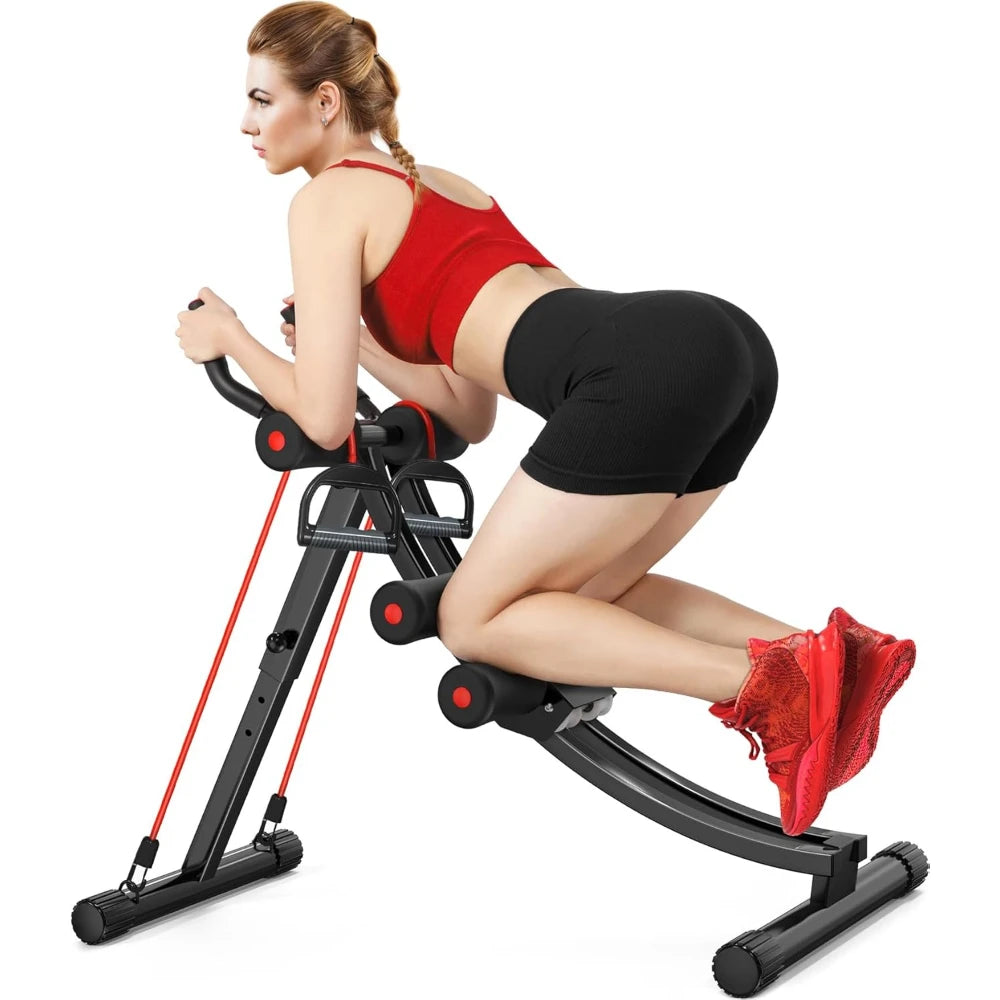 A woman uses the Adjustable Ab Machine for Home Gym, kneeling on padded supports and gripping handlebars, performing an ab crunch workout with this equipment designed for beginners.