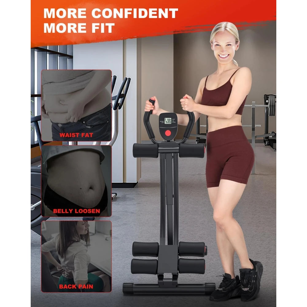A woman in a maroon workout set uses the Adjustable Ab Machine for Home Gym. Insets show her tackling waist fat, belly looseness, and back pain. Text above: MORE CONFIDENT MORE FIT—ideal ab crunch exercise equipment for beginners.