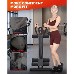 A woman in a maroon workout set uses the Adjustable Ab Machine for Home Gym. Insets show her tackling waist fat, belly looseness, and back pain. Text above: MORE CONFIDENT MORE FIT—ideal ab crunch exercise equipment for beginners.