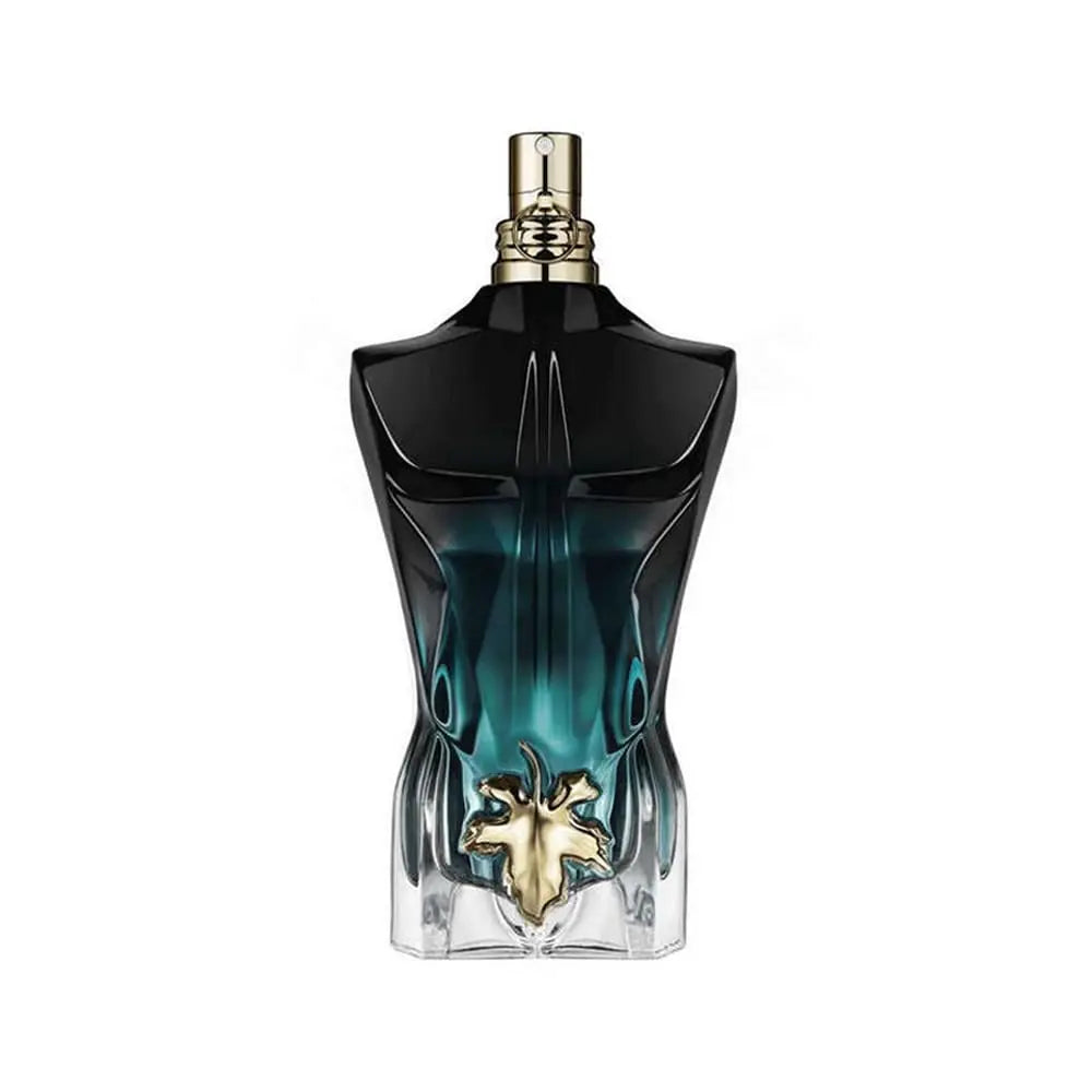 Jean Paul Gaultier Les Males De Le Beau Le Parfum Eau De Parfum (125ml) is housed in a male torso-shaped bottle with a black-to-teal gradient and gold leaf detail at the base, displayed on a white background.