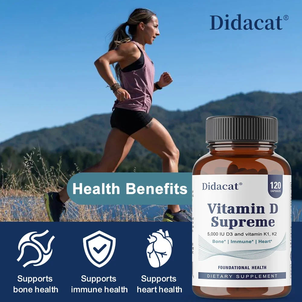 A woman runs by a mountain lake. In the foreground, a bottle of High Potency Vitamin D3 5000 IU (120 Vegetarian Capsules) highlights benefits for muscle, bone, and nervous system health.