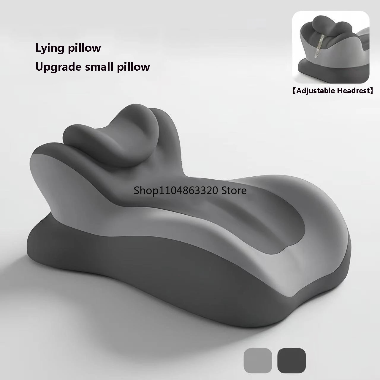 The Memory Foam Pillow offers ergonomic neck and leg support for reading or phone use on bed or sofa, with a wedge shape for pain relief and comfort. The main image shows the pillow; an inset highlights its adjustable headrest feature.