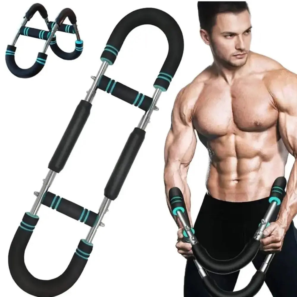 A muscular man exercises with the Adjustable Resistance Stainless Steel Chest and Arm Trainer, featuring foam-padded handles and turquoise accents. The detachable home gym equipment is also shown separately in two views.